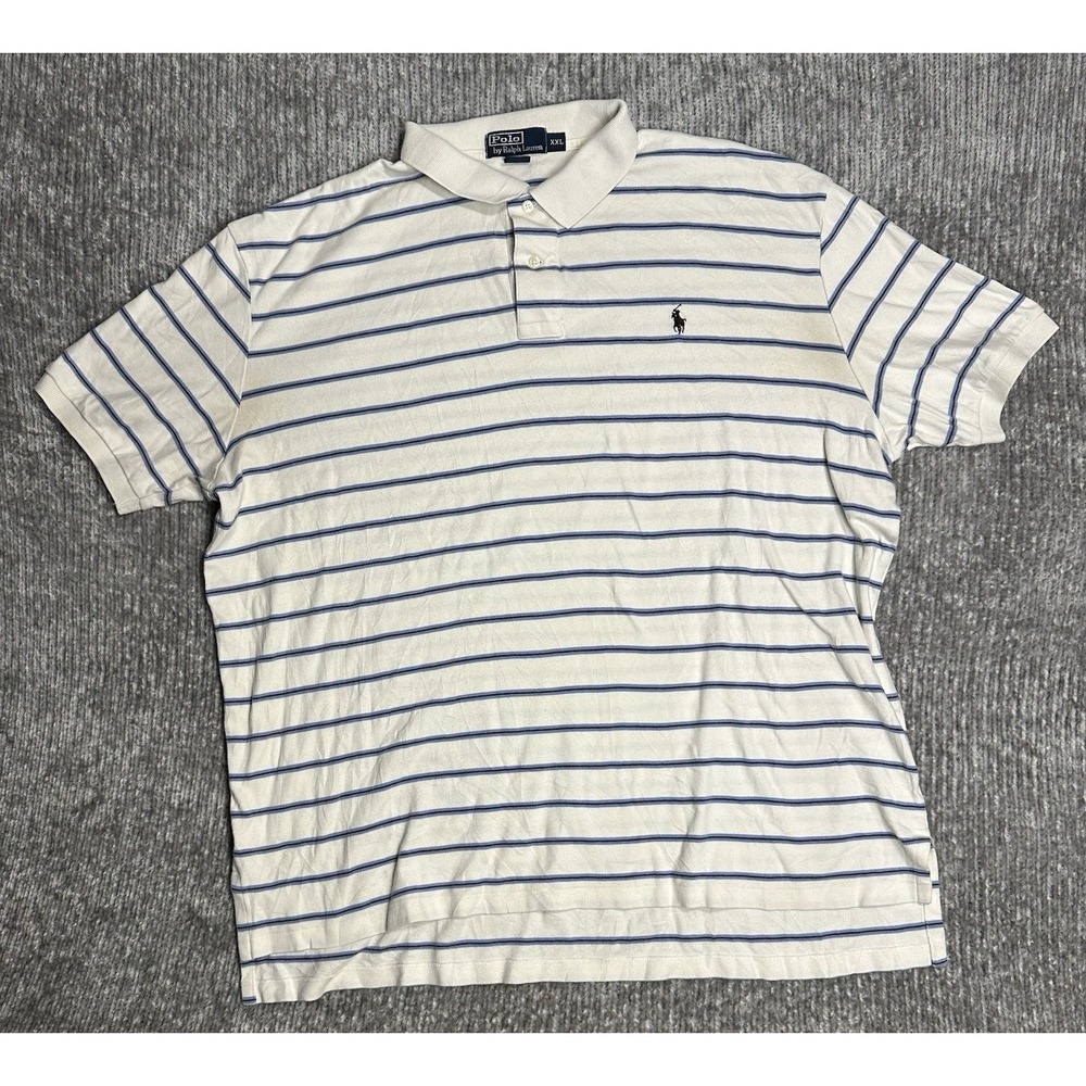 Vintage Polo Ralph Lauren Men's XXL Blue White Striped Mesh Short Sleeve Shirt